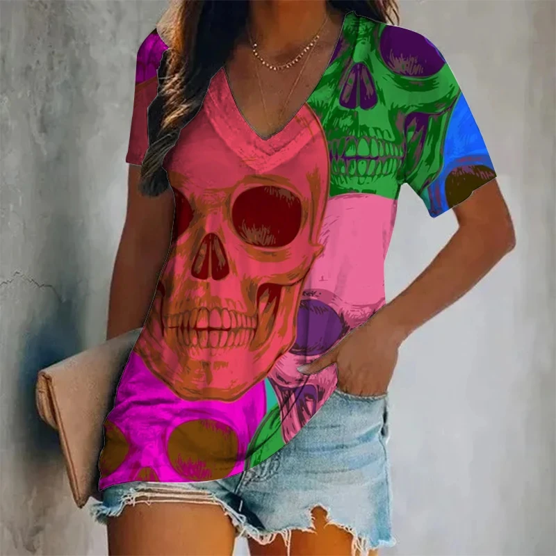 Summer Women Vintage T-shirt Colorful Skull V-Neck Tops Tees Female Fashion Short Sleeve Clothing Ladies Casual Stylish Outfit