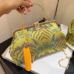 Brand Women Gold Green Floral Clutch Designer Lock Shell Clip Handmade Tassel Glitter Handbags And Purses Chain Messenger Bags