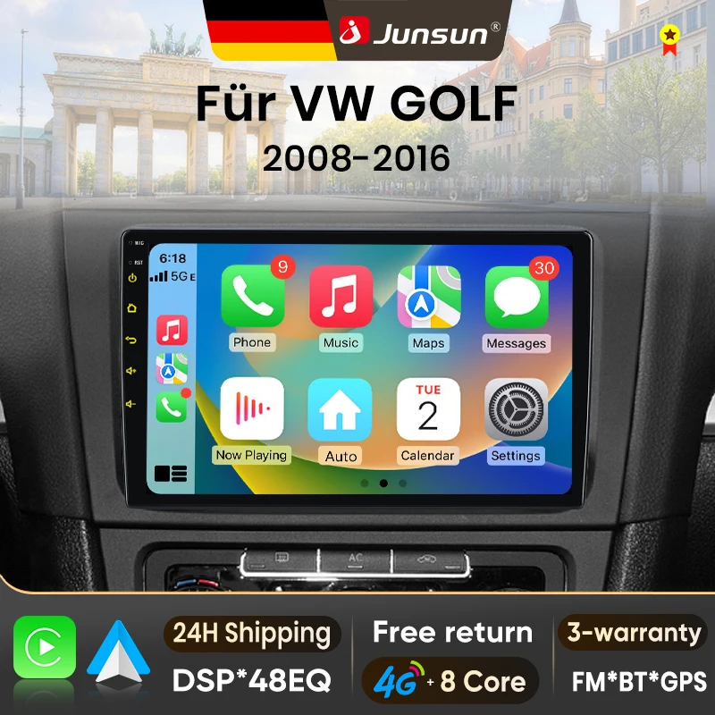 Autoradio Android 15 9 pouces Junsun pour VW Volkswagen GOLF 6 VI 2008-2016, sans fil, compatible Apple CarPlay, écran auto, lecteur multimédia vidéo, systèmes intelligents automobiles, autoradio 2 Din, GPS, navigation, Bluetooth, 4G, WIFI, 8 cœurs, FM, DSP, RDS, DAB