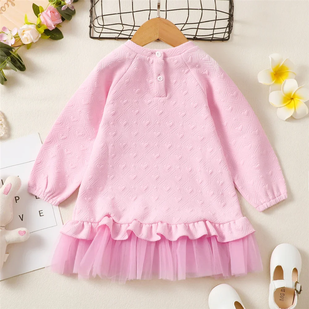 1-6Years Kid Girl Embossed Hearts Dress Autumn Winter Long Sleeve Pink Patchwork Mesh Princess Dress Child Birthday Party Outfit