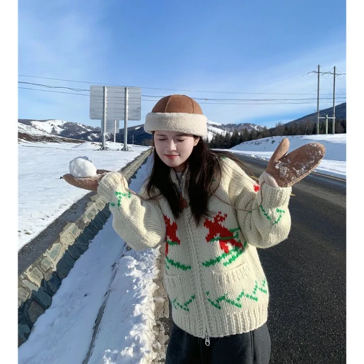 Christmas New Year Vintage Sweaters Coat Winter Thicked Warm Lazy Tops Women Y2k E-Girl Long Sleeve Knitted Cardigan