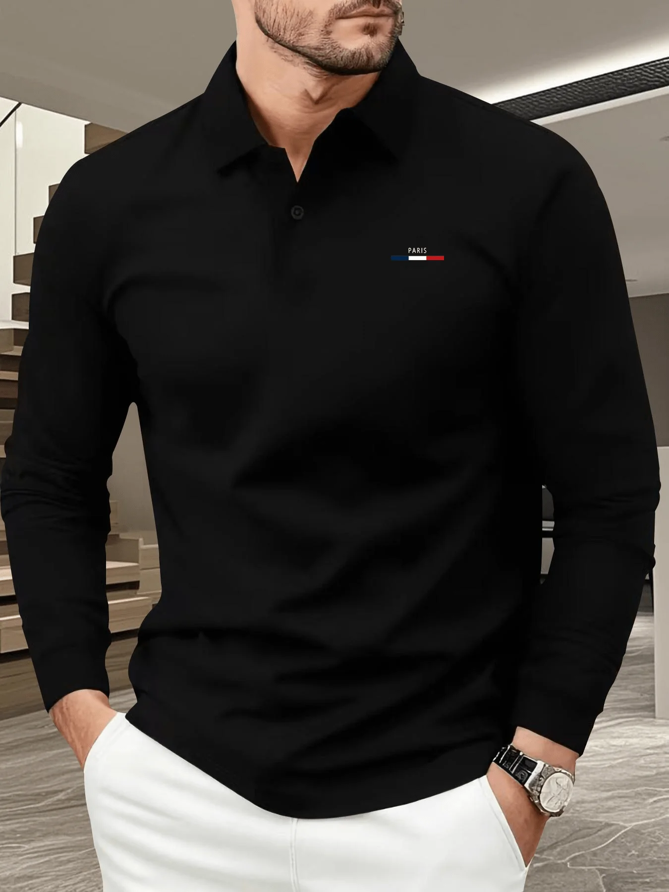 Men Autumn Winter Long‑Sleeve Polo Shirt Simple Fashion Print Turn‑Down Collar Top Color‑block Design High‑Grade Casual Polo Shi