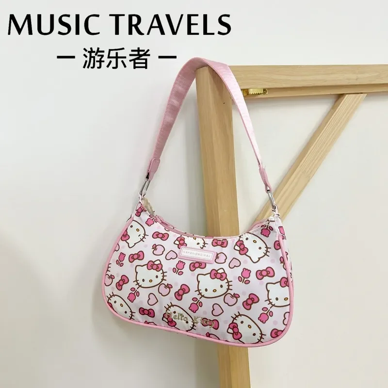 Bolso de mano con estampado de dibujos animados de MINISO Hello Kitty para niñas, bolso personalizado de nailon para hombro y axila