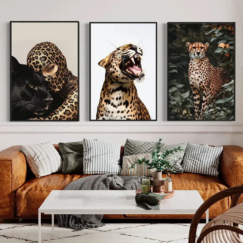 Cheetah Leopard Black Panther with Jewelry Photography Poster Fashion Canvas Painting Print Wall Art for Living Room Home Decor