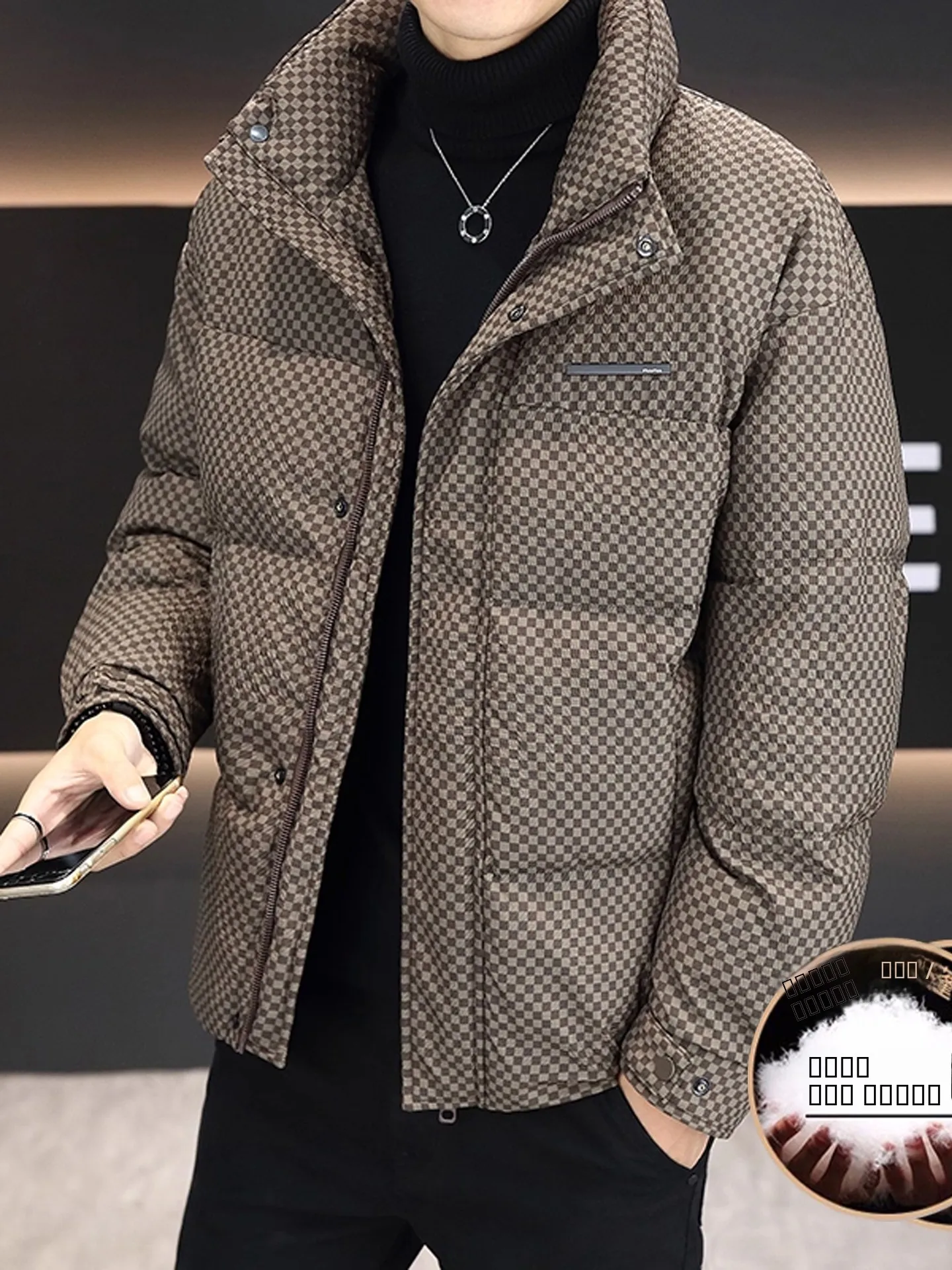 

Thiened Plaid Du down Jaet Men's Winter Faion Large Collar Warmth Outerwear Polyester Fiber White Du down Coat