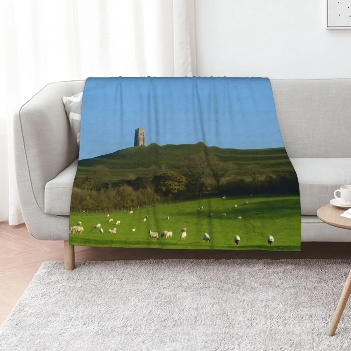 Sheep grazing at Glastonbury Tor Throw Blanket Lightweight Cozy Blanket for Bed Sofa