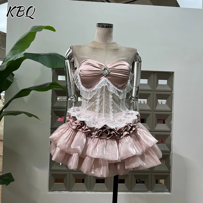 

KBQ Sweet Two Piece Sets for Women Strapless Spliced Lace Tunic Tops High Waist Patchwork Folds Skirt Design Sense Set Female