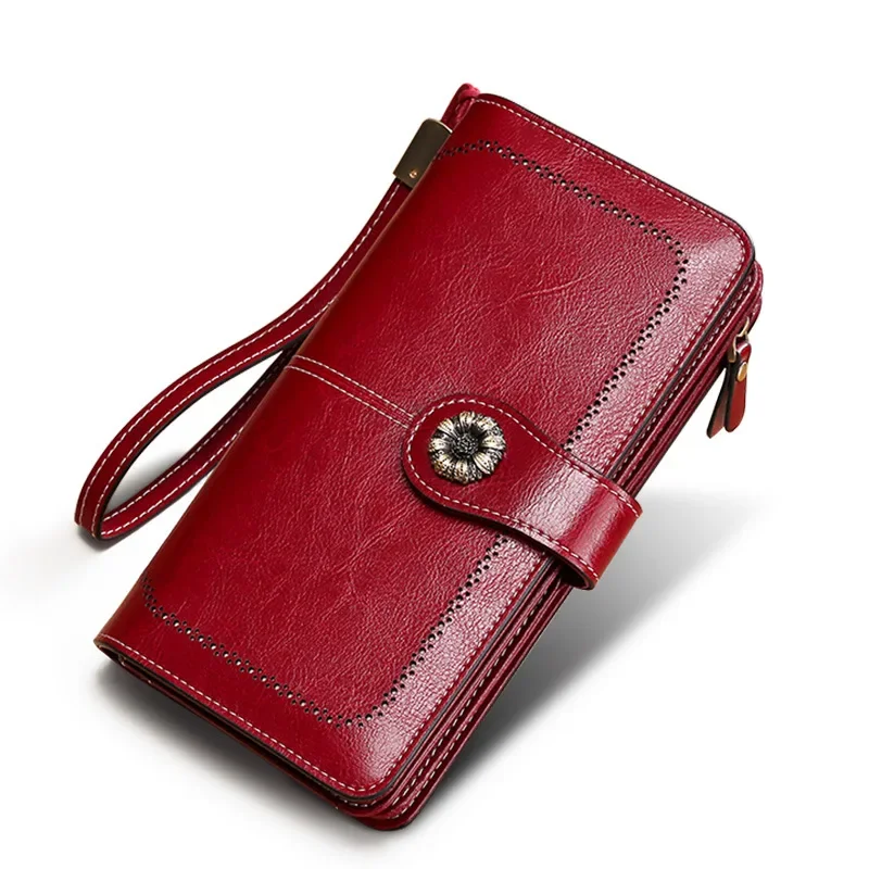 RFID Women's Oil Wax Leather Retro Zipper Long Clutch Wallet Bifold Large Capacity Long Card Holder Organizer Ladies Purse