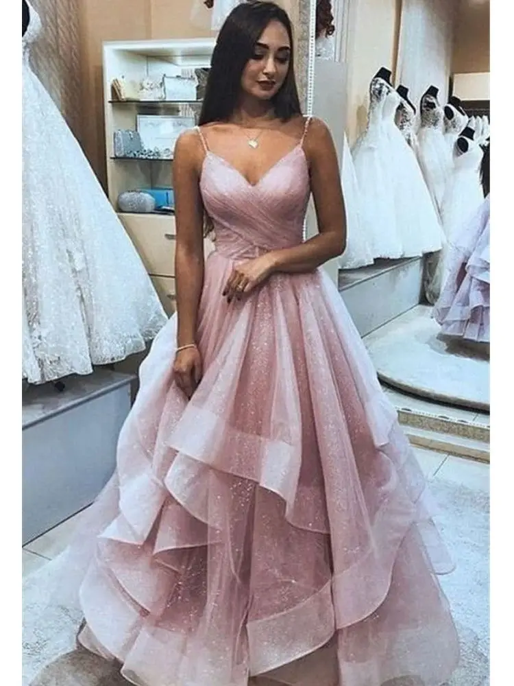 Luxury Evening Dresses Shimmer Glitter Blush Pink Ivory Champagne Prom Dress Spaghetti Formal Party Gowns Horsehair Tirm LB24183