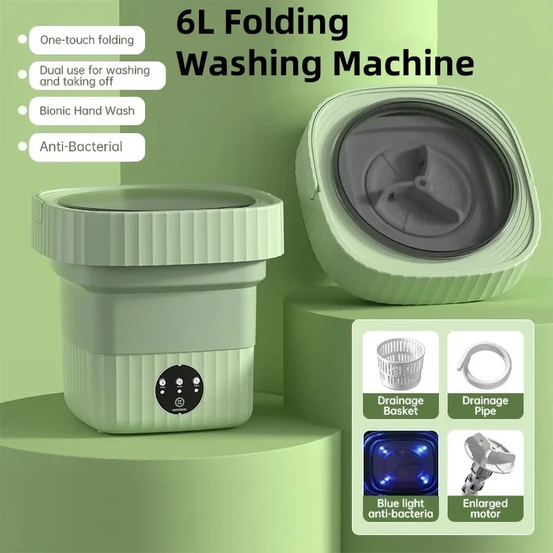 6L Portable Folding Washing Machine with Dryer Bucket Socks Underwear Clothes Ultrasonic Mini Cleaning Washer Travel Dormitory