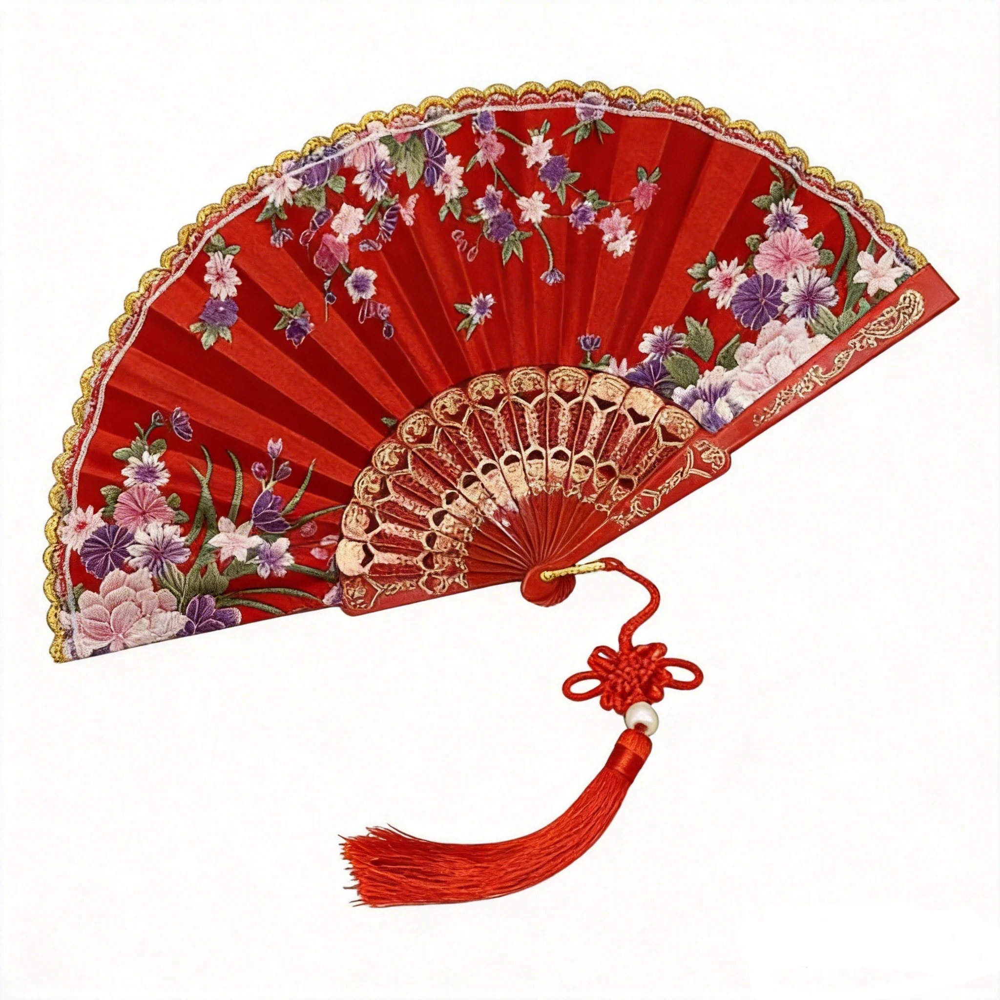 1Pc Red Floral Folding Hand Fan With Tassel Vintage Chinese Style Summer Spring Fan For Women Wedding & Daily Decoration