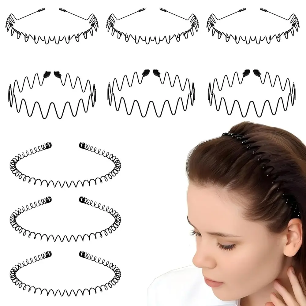 

Free Shipping 9 Pieces Metal Hairband for Men and Women Unisex Adjustable Black Wavy Hair Band Non-slip Spring and Summer Home O