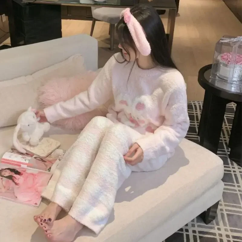 المرجان الصوف الحلو ملابس خاصة لطيف أرنب 2 قطعة منامة بنطلون دعوى فضفاضة مستديرة الرقبة ملابس المنزل الدافئة لينة كسول المتسكعون