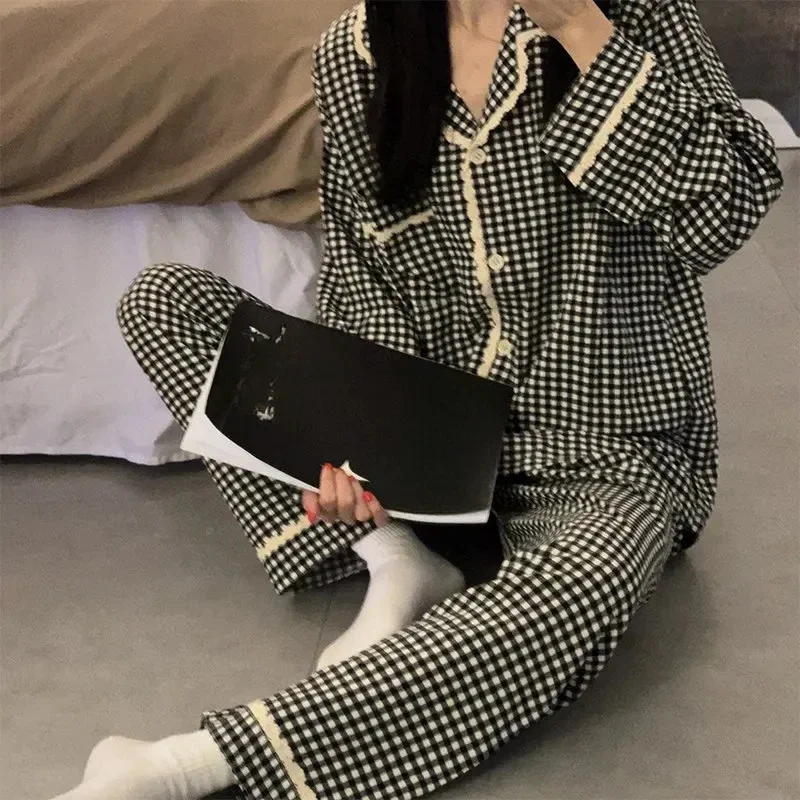 Black Plaid Pajamas Women Spring and Autumn Summer Cute Ins Sle Long sleeve Pure Cotton Two-piece Set Sweet Home Wear for S...