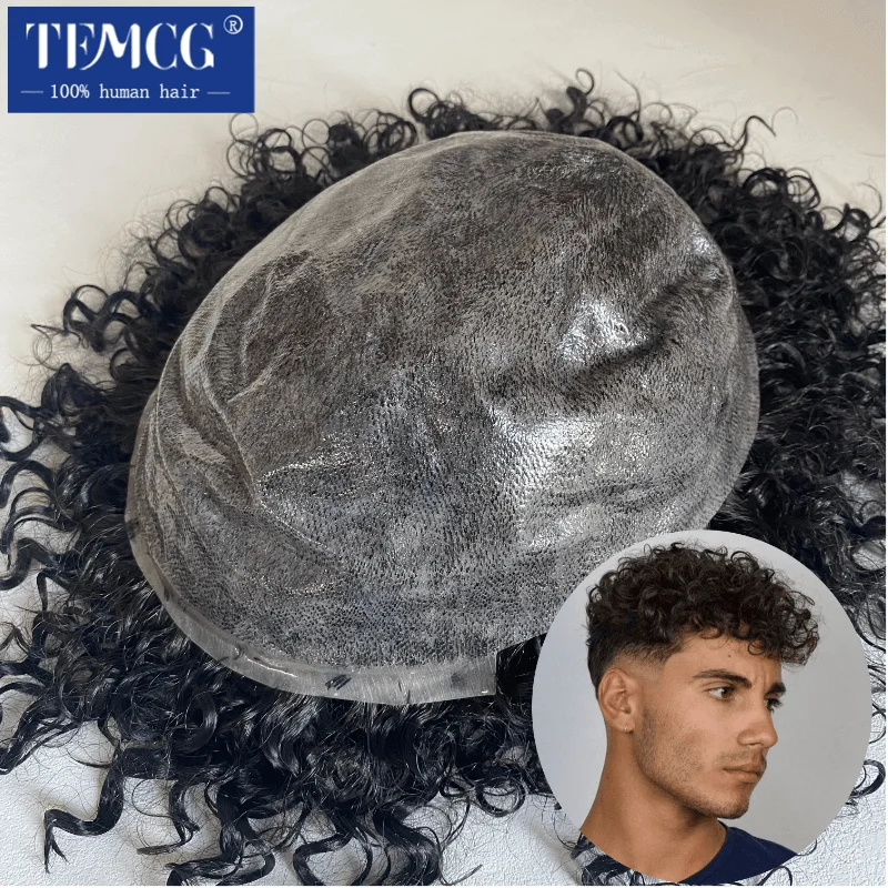 15MM Curly Male Hair Prosthesis Toupee Men 100% Indian Human Hair Comfortable Skin Base Wigs For Men System Replacement Man Wig