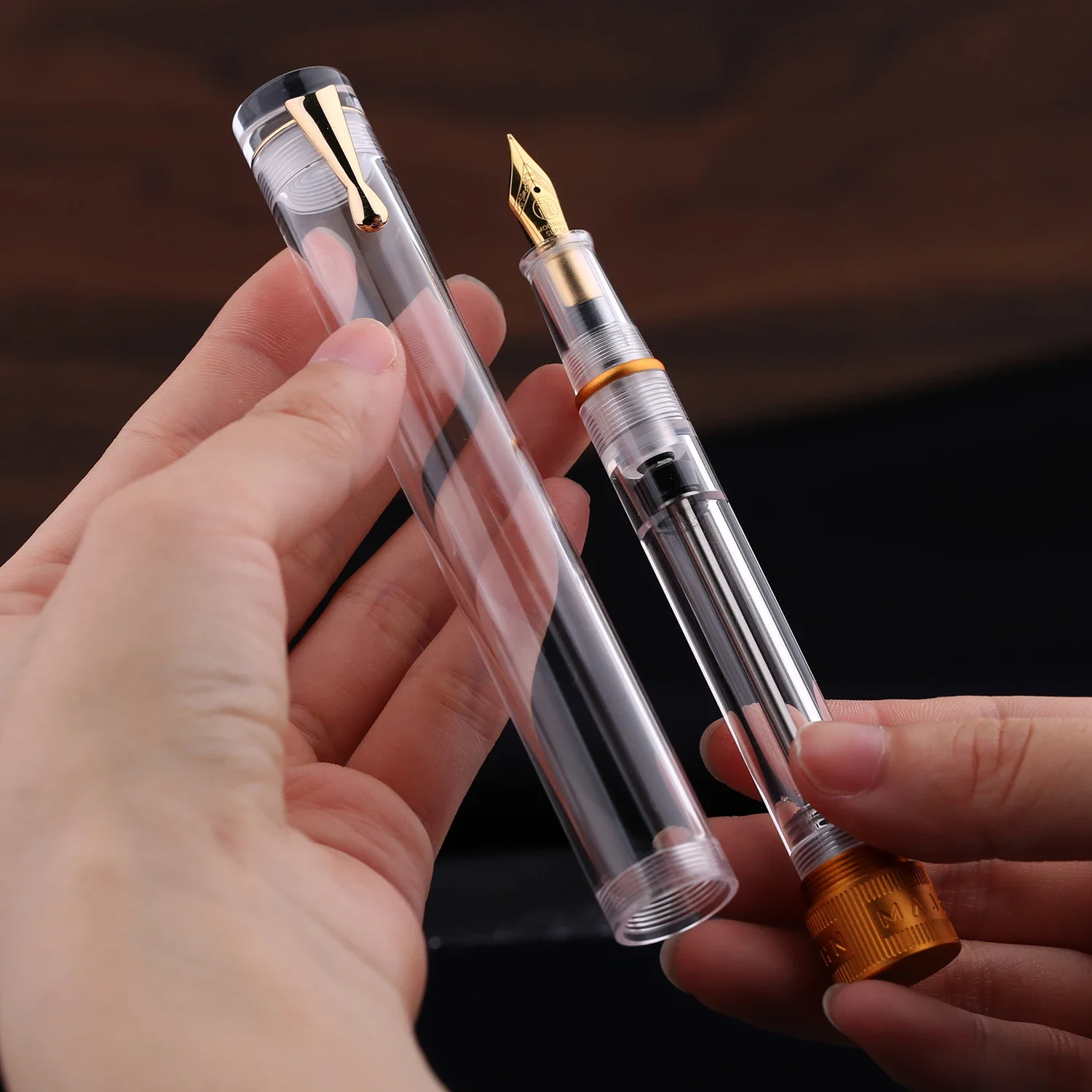 Majohn V1 Vacuum Filling Fountain Pen EF/F/M/ Bent Nib, Transparent Resin Golden/Silver Clip Demonstration Writing Gift Pen