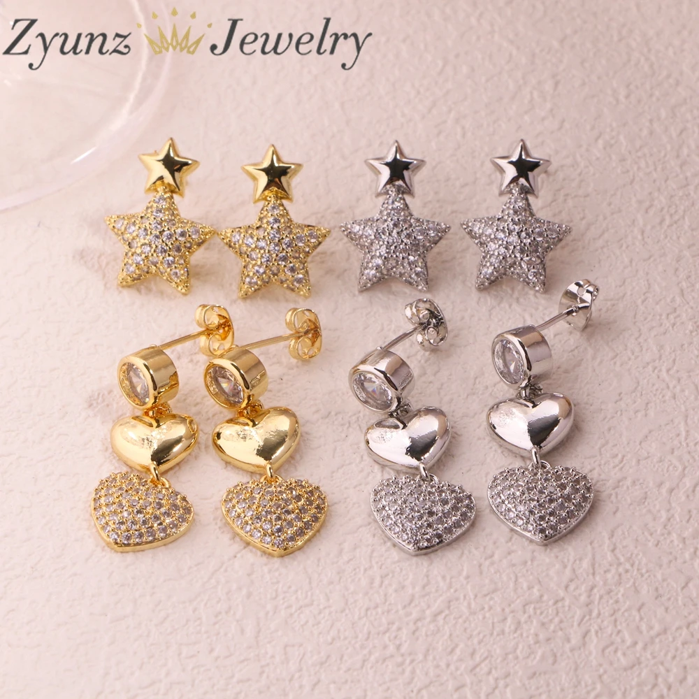 5 Pairs, Luxury Cubic Zircon Heart Drop Earrings for Women Gold Plated Star Ear Cuffs Trending Wedding Aesthetic Jewelry Gift