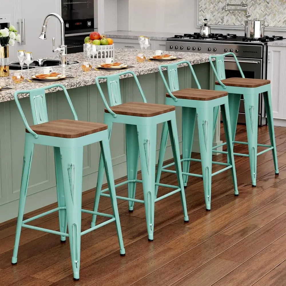 30" Metal Bar Stools Set o 4 Counter Height Barstools Industrial Counter Stool Kitchen Bar Chairs ern Wood Seat-Distred Blue
