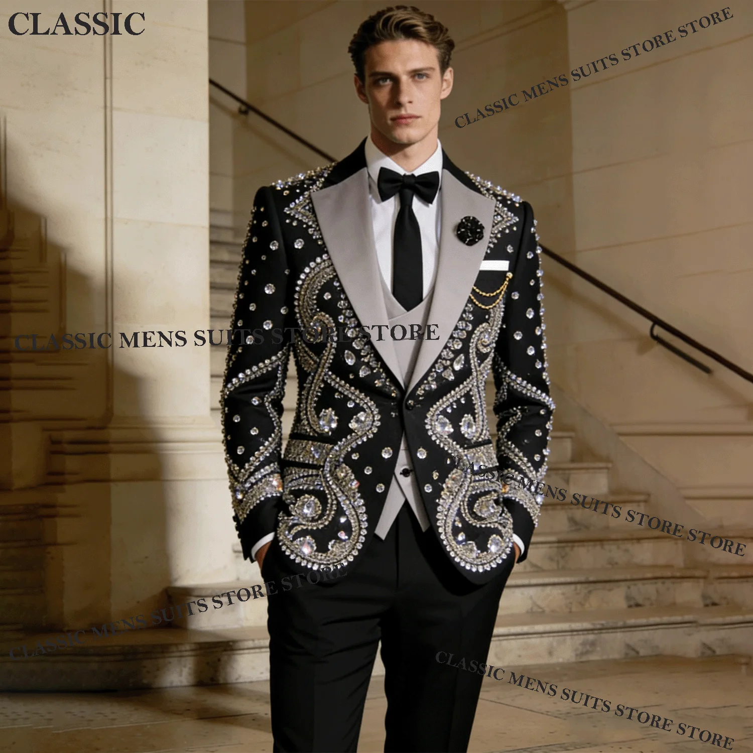 

Luxury Tuxedos Men Suits Elegant Diamond Decoration Peaked Lapel Groom 2 Pieces Set Wedding Male Prom Blazers suit Customized