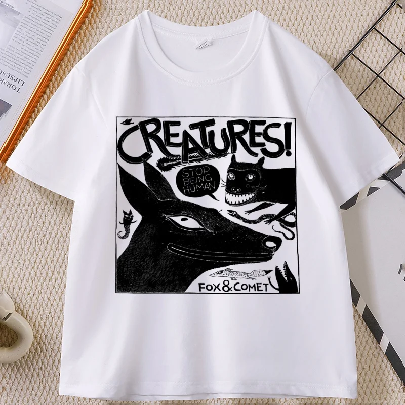 Funny Animals Printed T-shirt Fox Cotton Short Sleeve Round Neck Tshirts Soft Comfortable