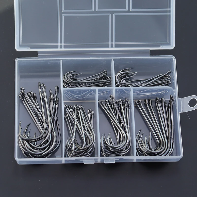 110pcs/box Long Shank Barbed Fishing Hooks High Carbon Steel Double Baits O-Ring Head Strong Sharp Fishhooks For OceanSeaFishing