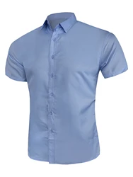 Summer light blue solid color business men's short sleeved shirt men's top