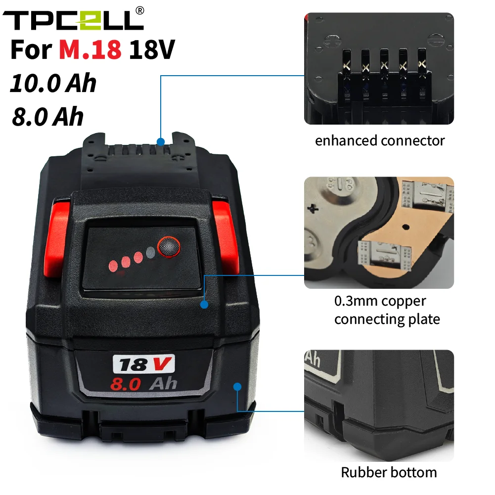 TPCELL NEW 8AH/10AH For M.18 Tabless 21700 18V Professional  Battery Li-ion Replacement  High Output