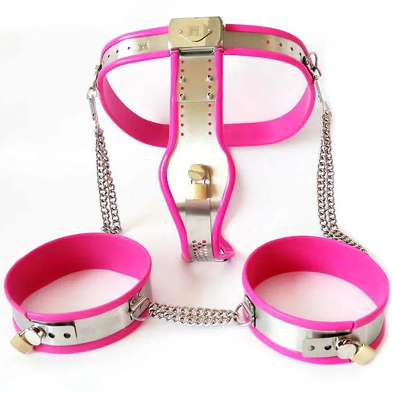 Female Chastity Belt Pants+Thigh Ring Cuffs Stainless Steel Chastity Device Kit BDSM Sex Toys For Women adult bondagae tools