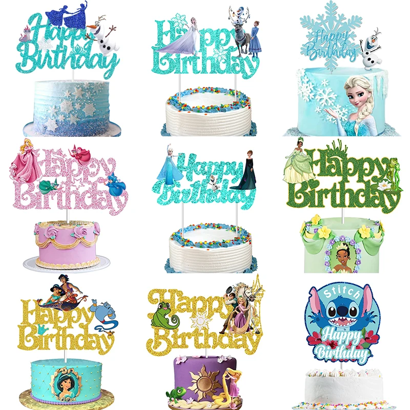 Disney Cartoon Elsa Stitch Minnie Cake Insert Flag Topper Happy Birthday Party Decor Kids Boy Girl Happy Birthday Party Supplies