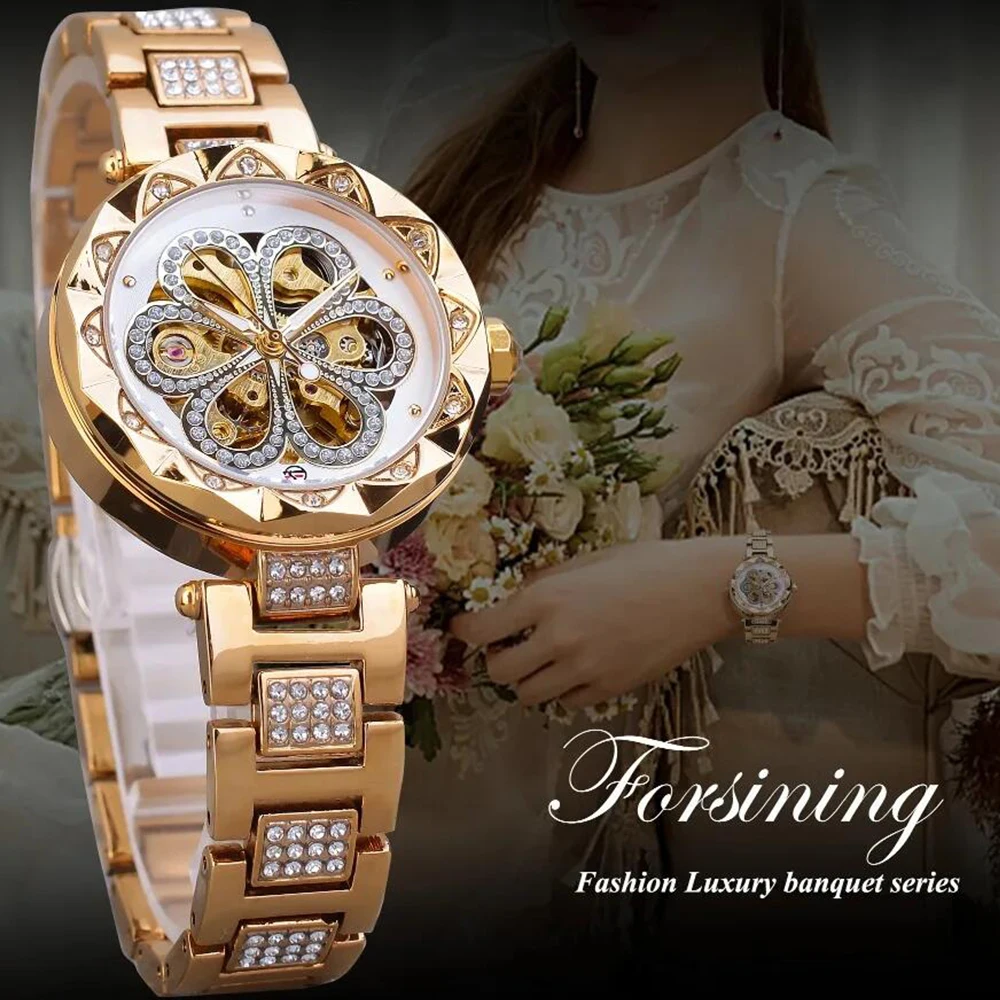 Forsining Elegant Fashion Women Automatic Mechanical Watches Luxury Diamond Stainless Steel Waterproof Ladies Stylish Wristwatch