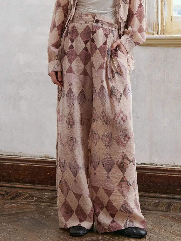 

Casual Long Pants Original Artistic Design Diamond Pattern Copper Ammonia Silk High Waist Straight Leg Pants Spring Collection