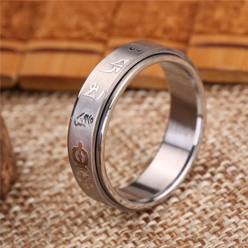 Tibetan Titanium Steel OM Mani Padme Hum Amulet Ring Rotatable Ring for Men Women Titanium Steel Buddhist Ring Om Mani Padme Hum