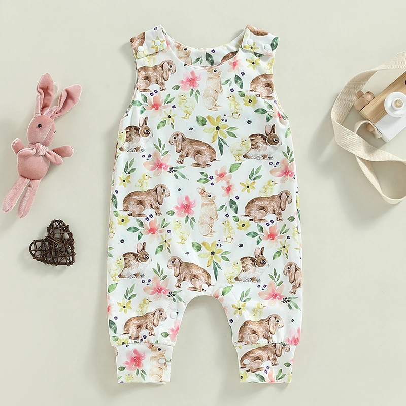 Toddler Girls Sleeveless Floral Rompers with Cute Bunny Print Casual Summer Jumpsuits for Baby Girls