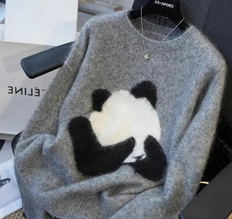 

New Autumn Winter Sweater Loose Knit Top with Panda Embroidery Jacquard Pattern Casual Pullover