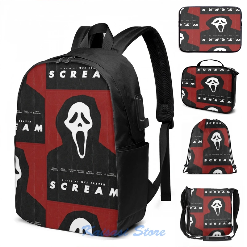 Funny Graphic print Ghostface USB Charge Backpack men School bags Women bag Travel laptop bag