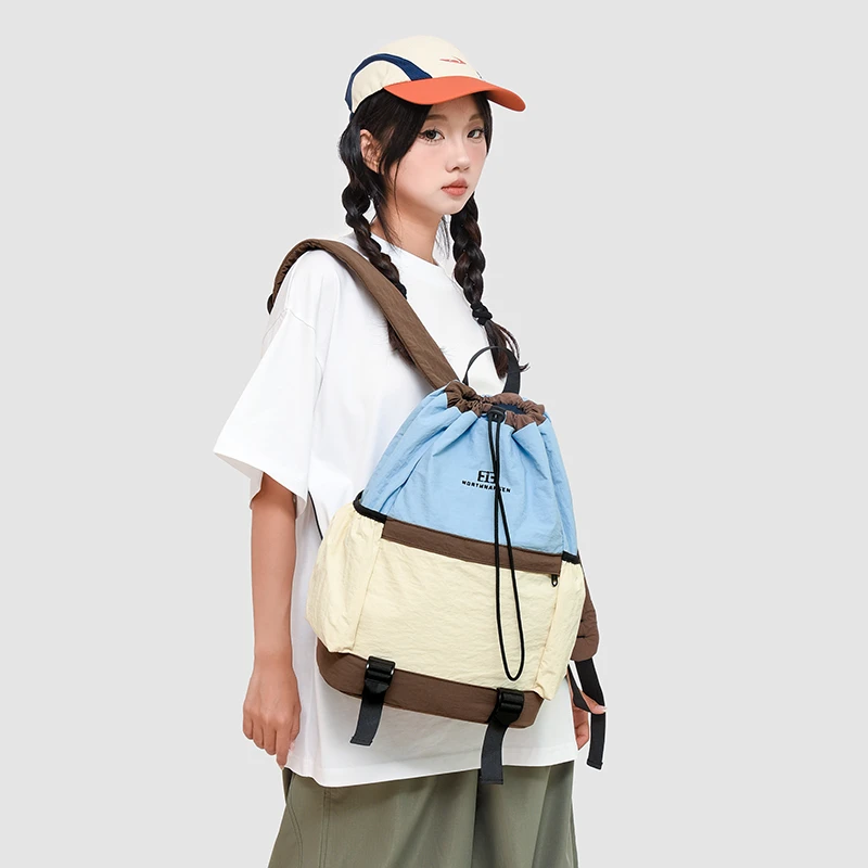 2026 Y2K Nylon Travel Backpack for Women Super Light Comfortable Drawstring Rucksack Trendy Vintage School Bag for Girls Daypack