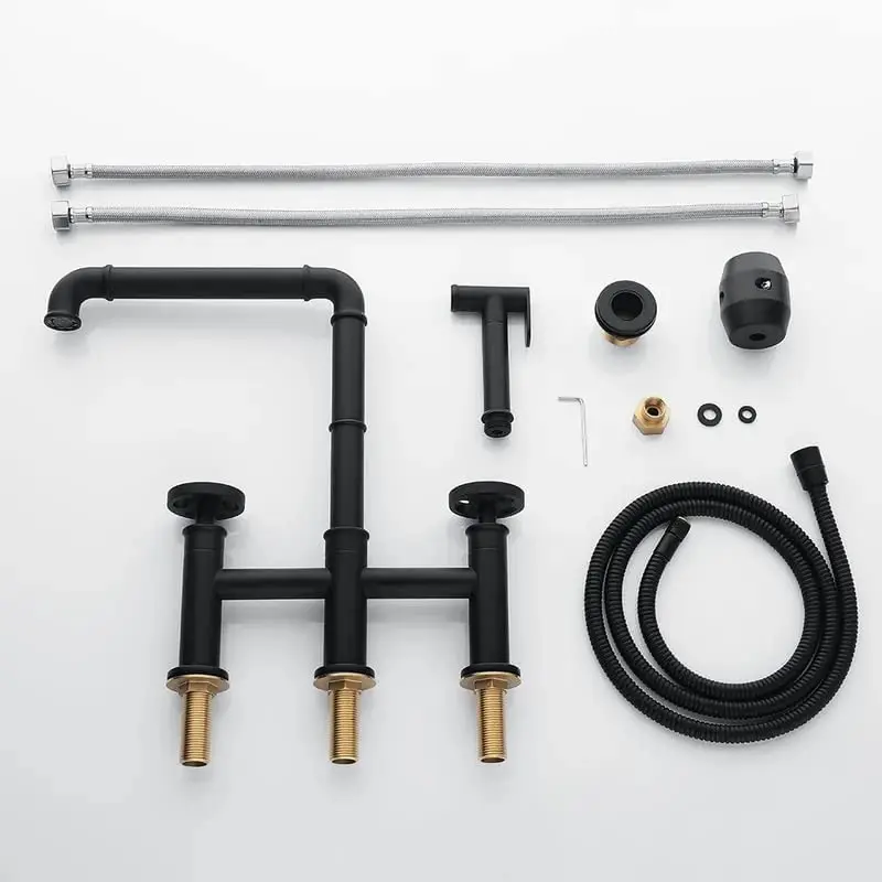 Industrial Pipe Style Bridge Sink Faucet Centerset Black Kitchen Faucet