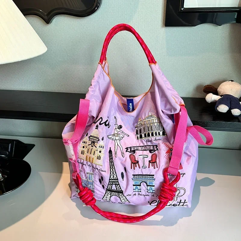 New Iron Tower Embroidered Shopping Bag Large Capacity Nylon Eco Friendly Bag for Women's Handheld Single Shoulder Crossbody Bag