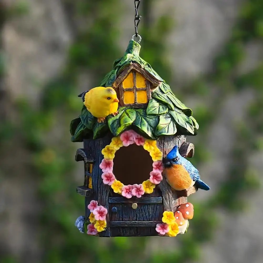 Outdoor Hanging Bird House Decorative Hummingbird House Ornaments Waterproof Resin Mini Birdhouse for Patio Yard Porch Garden De