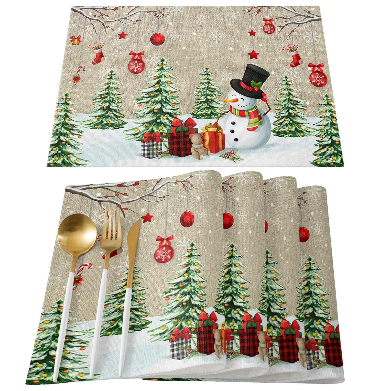 Christmas Snowman Snowflake Table Mat Holiday Kitchen Dining Table Decor Placemat Wedding Party Decor Table Napkin 4PCS