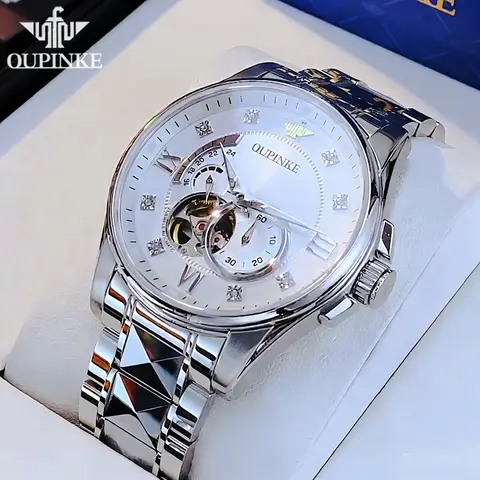 OUPINKE Men's Watches Casual Trend Tungsten Steel Original Automatic Wristwatch Flywheel Mechanical Movement Independent Second