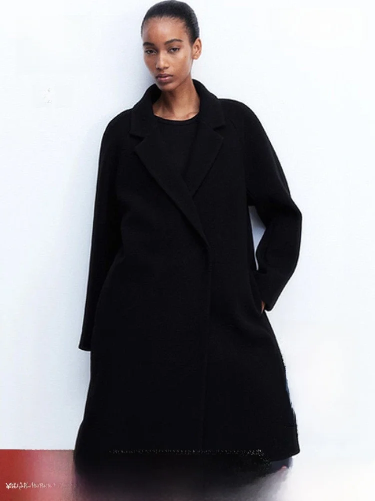 

H&M женское шерстяное пальто, зимнее моющееся пальто с лацканами, удобное пальто средней длины с двойной пуговицей, верхняя одежда 5993