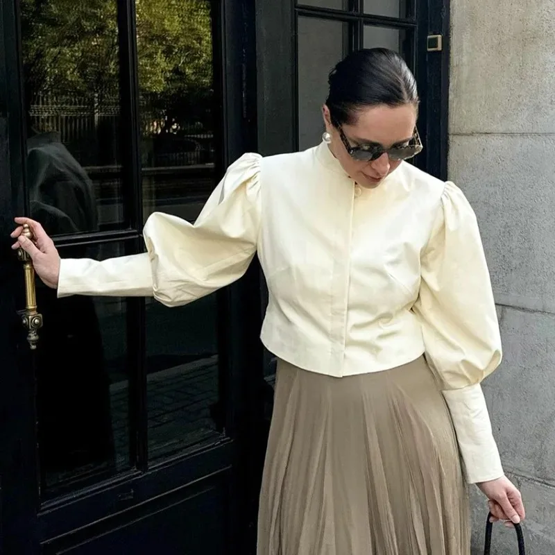 Elegant Puff Sleeve Shirt Fashion Solid Casual Cardigan Coat High Street Patchwork Slim Office Lady Women Shirt Jacket