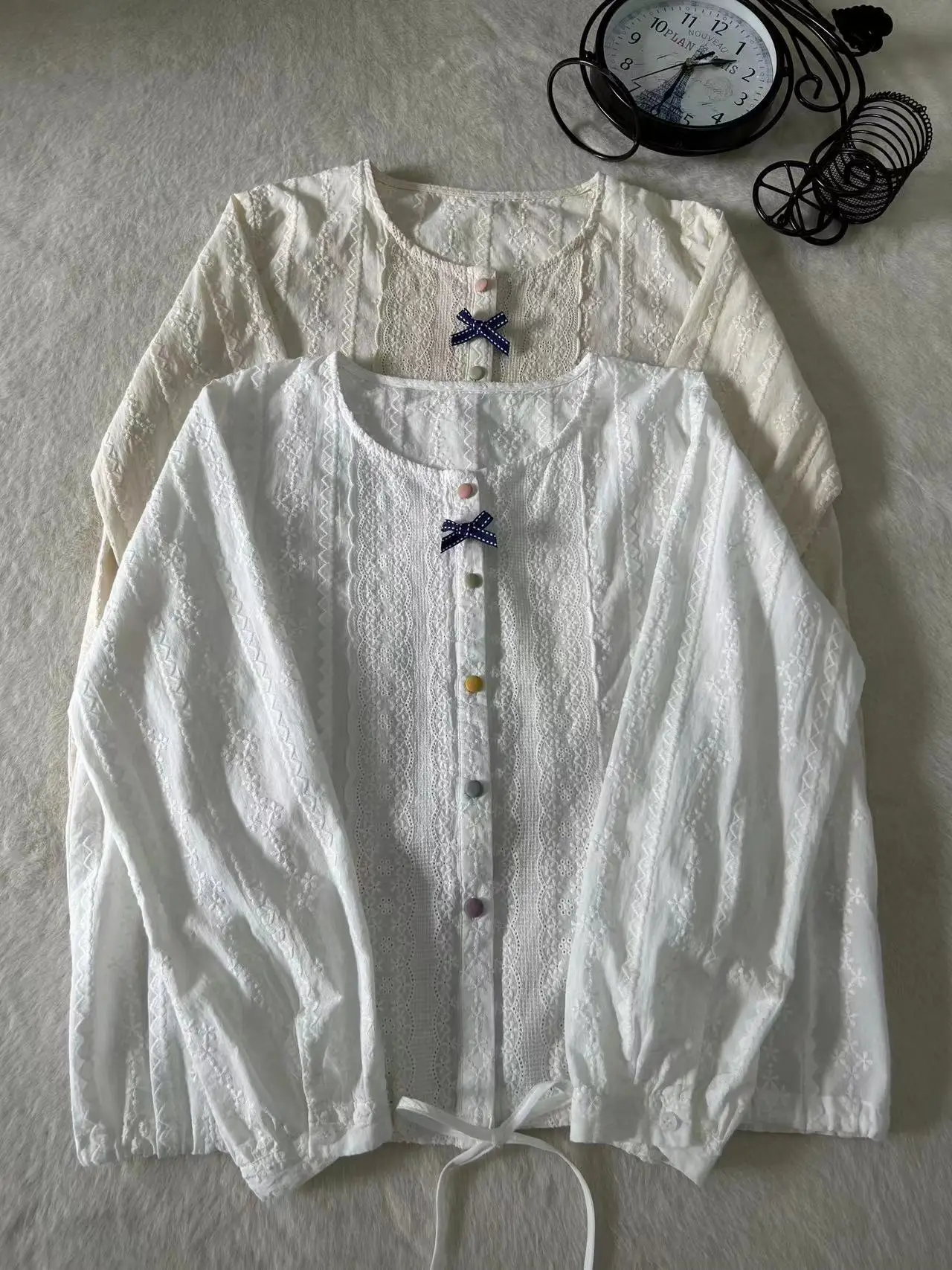 New Summer Cotton Long Sleeve Shirt, Women O Neck Embroidery Tops, Mori Girl Casual Sweet Loose Blouses, 2024 Autumn T47081QC