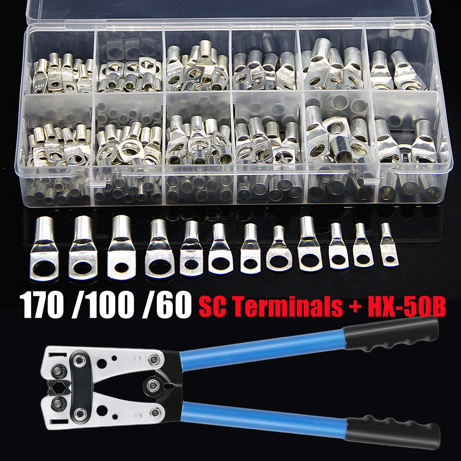 

60/100/170Pcs SC Bare Copper Lug Terminal Ring Car Battery Terminals HX-50B Plier Electrical Wire Crimp Connector Automotive Kit