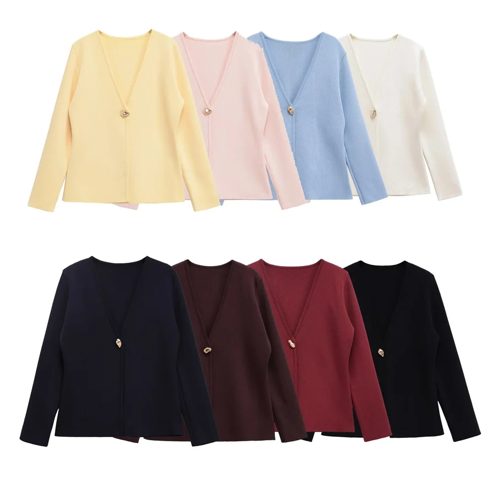 

women's new European and American style gold button decoration V-neck long sleeved simple knitted jacket