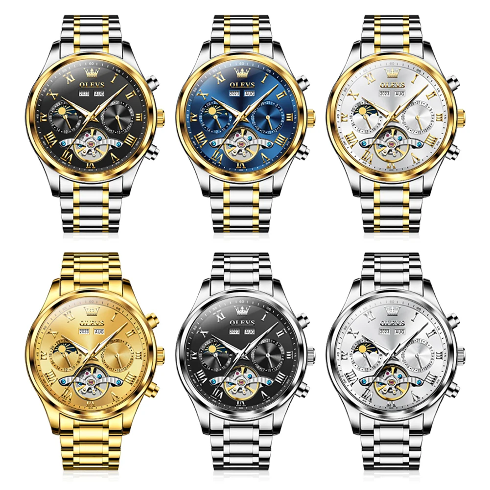 OLEVS Luxury Men\'s Watches Fashion Waterproof Multifunctional Fully Automatic Mechanical Watch Complete Calendar Moon Phase