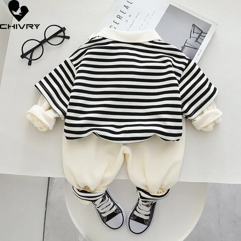 Boys Fashion Clothing Sets New 2023 Baby Boy Spring Autumn Cartoon Bear Striped Lapel Shirts Tops with Pants Kids Casual Clothes