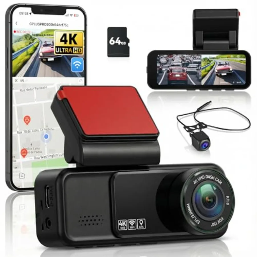 

Car dash cam system with front 4K and rear 2K dual cameras, built-in GPS and WiFi, loop recording, night vision, G-sensor, 24H
