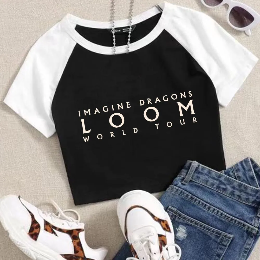 Imagine Dragons Loom World Tour 2024 Crop Tops Girls T-shirt Super-short O-Neck Casual Music Fans Gift Short Sleeves Fashion